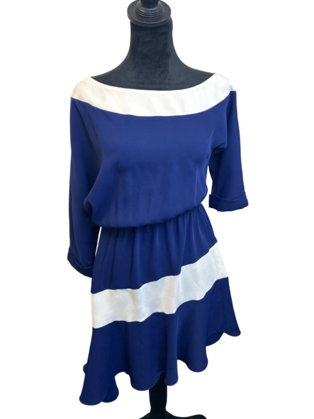 Amanda Uprichard Sz S Navy Blue White Asymmetrical Blouson Dress Quiet Luxury